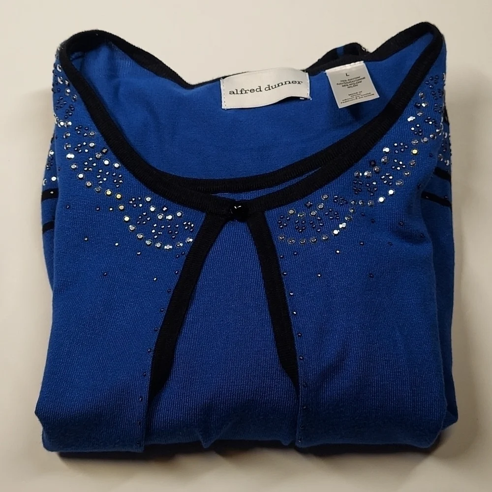 Alfred Dunner Petite Cardigan Size Large Attached Shell Embellished Blue/Black